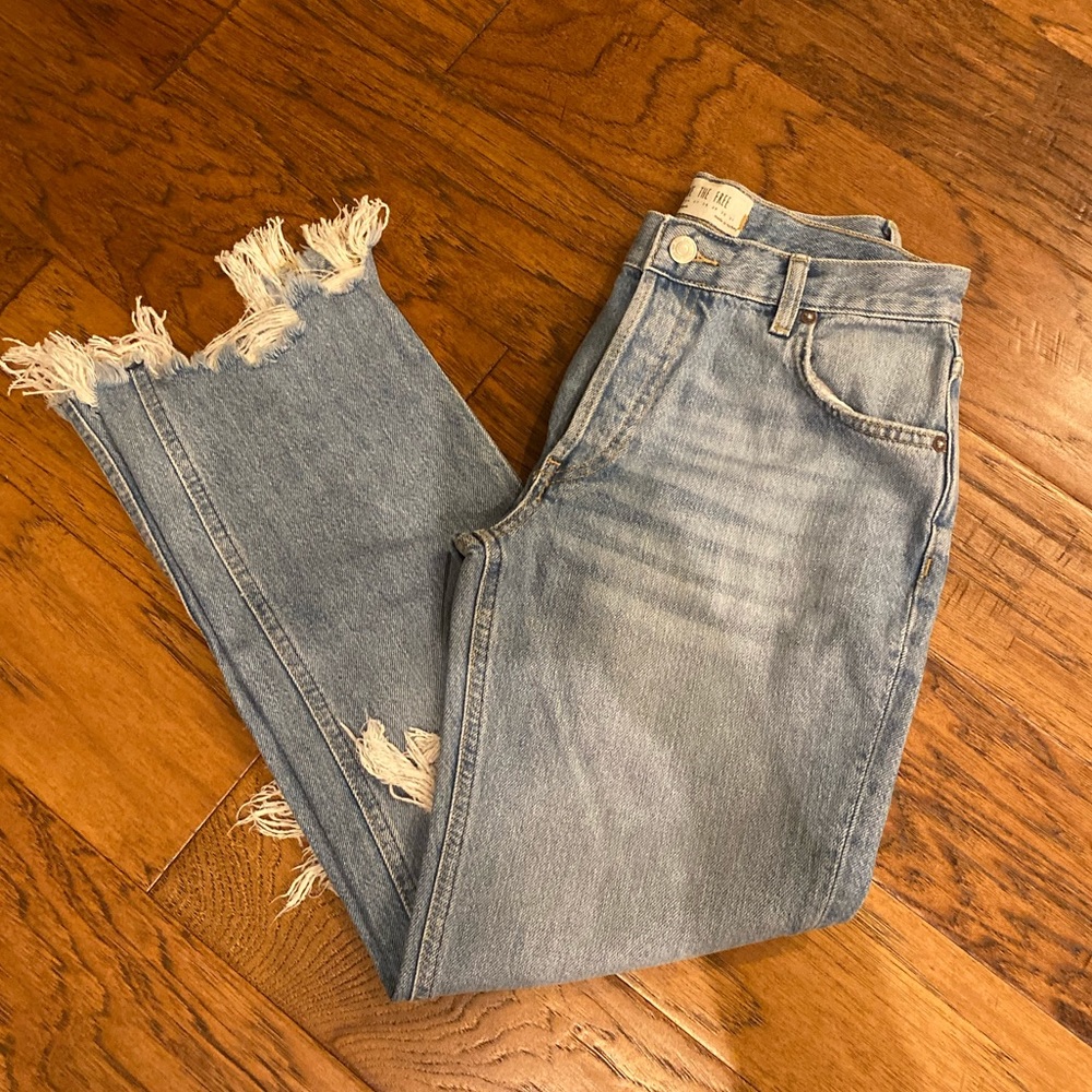 Free People Light Blue Straight Leg Jeans with Frayed Hem